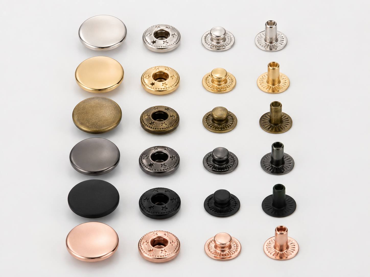 snaps fasteners, Snaps fasteners in six metallic finishes are separated into caps, sockets, studs, and posts on a white background.